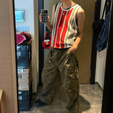Hearujoy American Striped Knitted Vest Men Women Color Blocking Sleeveless Knit Tank Tops Summer Fashion Vintage Tshirs Camisoles Unisex